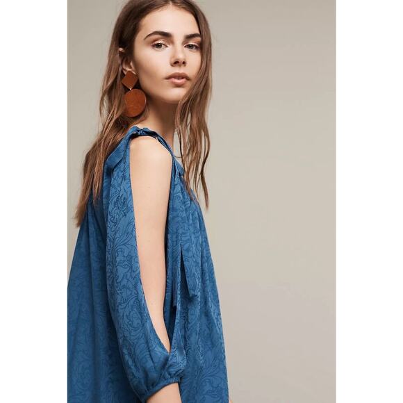 Anthropologie Holding Horses Leyton Open-Shoulder Swing Dress Size Medium Blue - Picture 3 of 11
